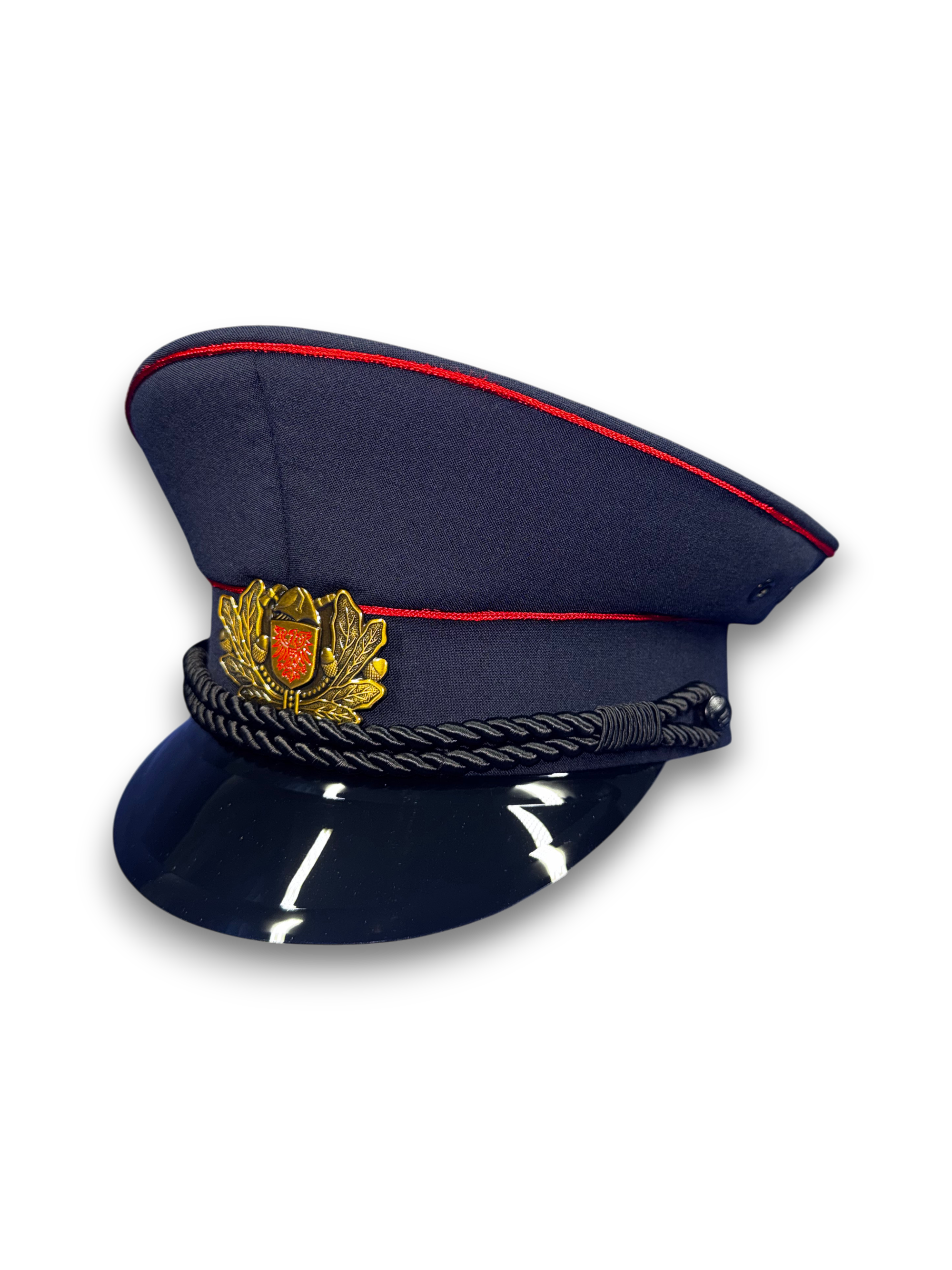 Schirmmütze Brandenburg, dunkelblau, mit hochroten Biesen,
